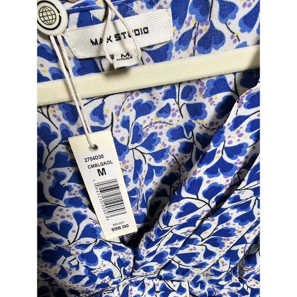 Max Studio Blue Floral Chic Blouse W Sz M Smocked Waist Knot Front NWT 2704D30 - Picture 6 of 8